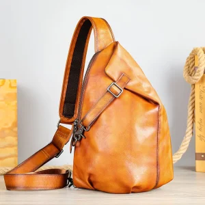Vintage Leather Men Cross Body Chest Bag Waterproof Travel Shoulder Backpack Genuine Leather Chest Bag Men’s Sling Bag