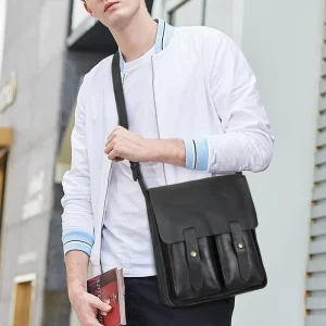 Vintage Luxury Men’s Small Shoulder Bag Black Genuine Leather Crossbody Messenger Bag