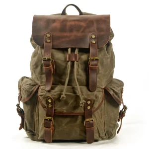 Vintage Men’s Backpack Casual Batik Canvas with Leather Drawstring Rucksack Trendy Travel Backpacks