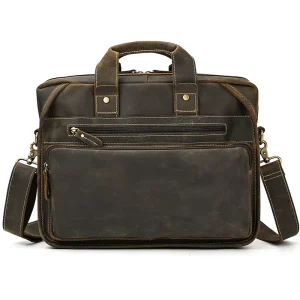 Vintage Men’s Briefcase Genuine Leather Laptop Bag Business Handbag Shoulder Crossbody Bag for Computer