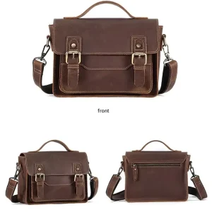 Vintage Men’s Brown Crazy Horse Leather Crossbody Satchel Genuine Full Grain Geometric Waterproof Luxury Messenger Bag