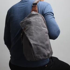 Vintage Men’s Chest Pack Shoulder Bag Sling Bag Waxed Canvas & Genuine Leather Waterproof Zipper Closure 82040 Sport & Travel