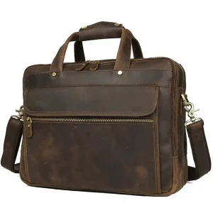 Vintage Men’s Crazy Horse Leather Genuine Leather Multi Compartment European American Retro Stowable Briefcase Cowhide