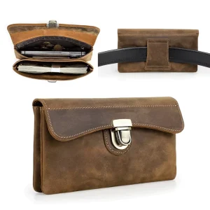 Vintage Men’s Crazy Horse Leather RFID Phone Bag Dual Pocket Belt-Worn Phone Holster Pouch for 6.9” Iphone With Card Slots