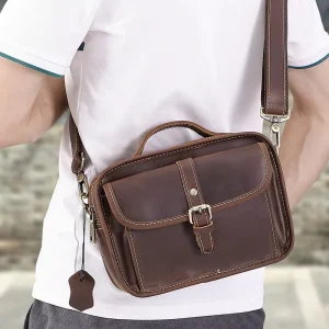 Vintage Men’s Genuine Crazy Horse Leather Satchel Messenger Bag Custom Logo Crossbody Shoulder Bags Real Cowhide Shoulder Bag