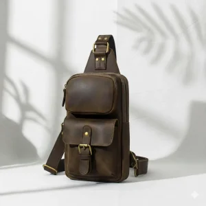 Vintage Men’s Genuine Leather Chest Bag Cross body Fashion Style Lightweight Durable Sling Shoulder Bags for Summer Spring Use