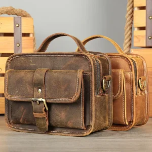 Vintage Men’s Genuine Leather Waterproof Laptop Messenger Bag Crossbody Shoulder Bag for Daily Use