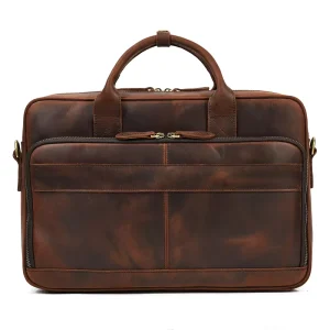 Vintage Men’s Leather Briefcase Business Handbag 15.6 inch Computer Bag Crazy Horse Leather Men’s Bag
