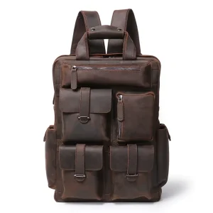 Vintage Men’s Luxury Genuine Leather Business Laptop Backpack High Quality Multi-pocket Travel Laptop Bag Hiking Rucksack
