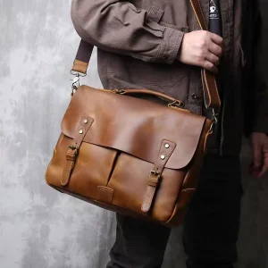 Vintage Men’s Messenger Bag Made of Crazy Horse Leather Genuine Leather Laptop Bag for Men