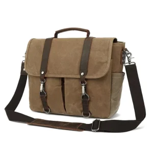 Vintage Men’s Messenger Bag Waterproof Waxed Canvas Shoulder Briefcase 15.6 Laptop Compartment Retro Style Bag