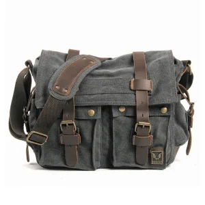 Vintage Men’s Messenger Bags Canvas Crazy Horse Leather Crossbody Shoulder Bag for Daily Casual Travel Tablet