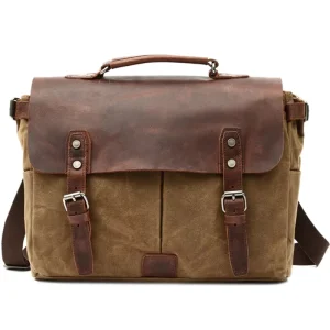 Vintage Men’s Oil Wax Canvas Crazy Horse Leather Messenger Briefcase Bag for Men Retro Top Handle Work Tote