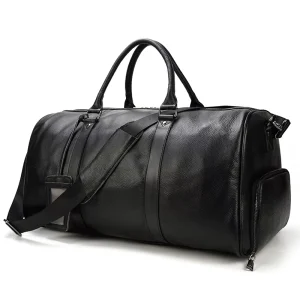 Vintage Men’s Outdoor Travel Bag Leather Gym Bag With Shoe Position Cylinder Messenger Bag