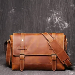 Vintage Men’s Shoulder Bag Large Capacity Crazy Horse Leather Messenger Bag Genuine Leather Crossbody Cowhide Bag