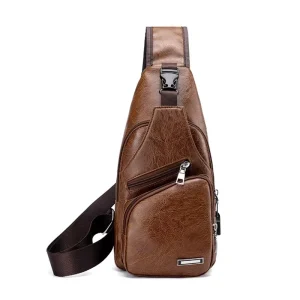 Vintage Men’s Sling Chest Bag with USB Charge Pu Leather Shoulder Messenger Bag Travel Cross Male Body Bags