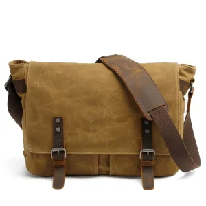 Vintage Men’s Waxed Canvas and Genuine Leather Messenger Bag Casual Shoulder Bag for Outdoor Use All Seasons
