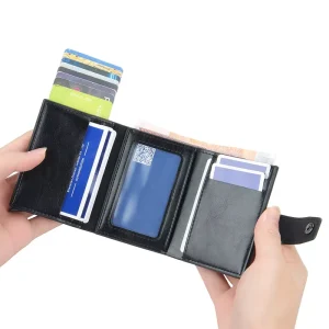 Vintage RFID Wallet Automatic for Tri-fold PU Leather Men’s Slim Custom Logo Credit Card Holder Minimalist Style