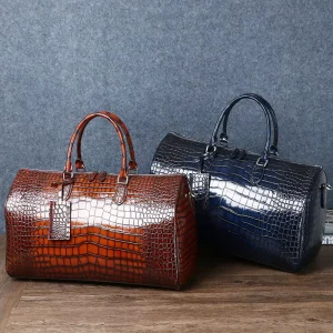 Vintage Sport Men’s Black Vegan Genuine Leather Alligator Duffle Bag Zipper Tote for Overnight Gym Set Travel Weekender