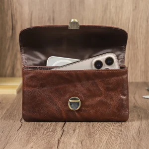 Vintage Style Full Grain Washed Leather Phone Sling Bag Mobile Waist Pouch with RFID Block Lining CF9091