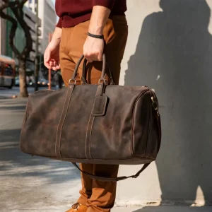 Vintage Style Genuine Leather Duffel Bag for Men and Women Noble Crossbody Travel Holdall with Geometric Pattern Zipper Closure