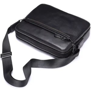 Vintage Style Genuine Leather Men’s Crossbody Shoulder Bag Logo Decoration Zipper Pocket Satchel Fashion Messenger Bag
