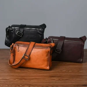 Vintage Style Horizontal Multi-Pocket Vegetable-Tanned Genuine Leather Crossbody Bag Mens Leather Shoulder Bags