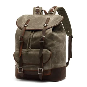 Vintage Style Men’s Casual Day Pack Real Leather Rucksack Waxed Canvas Backpack With Laptop Compartment