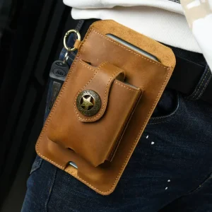 Vintage Style Men’s Crazy Horse Leather Waist Bag Travel Fanny Pack with Card Pouch Male Belt Loop Hip Bum Waist Pack