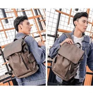 Vintage Style Pu Leather Backpack for Business Men with Zipper Closure and Polyester Lining