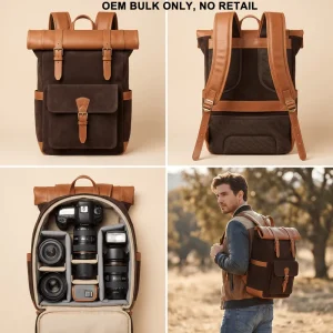 Vintage Two Tone Suede Cow Leather Camera Backpack Shockproof Camera Bag DSLR Lens Outdoor Travel Photographer Backpack
