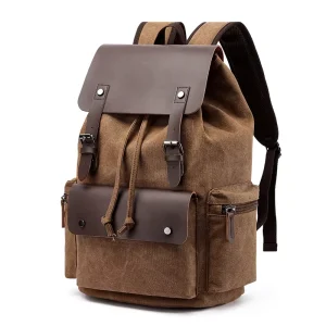 Vintage Vegan Retro Custom Logo Printed Mens Book Bag Casual Laptop Drawstring Canvas Leather Bags for Men Backpack