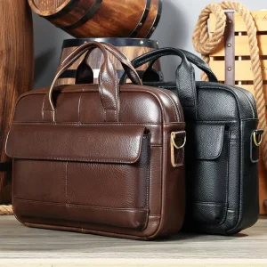 Vintage Waterproof Genuine Leather Business Office Briefcase Men’s 14 Inch Laptop Messenger Bag