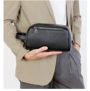 Vintage Waterproof Zipper Closure Portable Cellphone Storage Bag Men’s Outdoor Business Use PU Leather Handbag