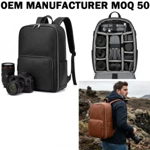 Vintage Zipper Large Capacity Saffiano Vegan Leather DSLR Backpack Durable Waterproof Camera Knapsack
