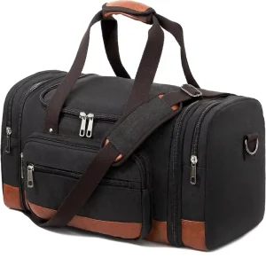 Voylic Men’s Expandable Canvas Duffle Bag for Travel Gym Weekend Overnight Use Carry On Luggage (Black)