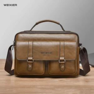 WEIXIER Men’s Business Briefcase Large Capacity Shoulder Bag Simple Handbag for Men PU Waterproof Durable Messenger Bag