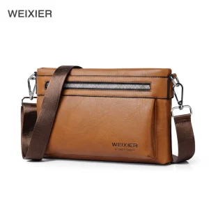 WEIXIER Men’s PU Leather Single Shoulder Bag Zipper Wear Resistant Crossbody Business Mobile Phone Bag Waterproof Waist Bag