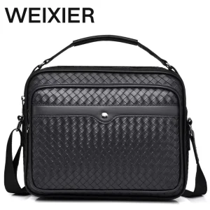 WEIXIER Men’s PU Woven Waterproof Shoulder Bag Large Capacity with Multiple Zipper Pockets