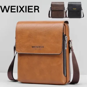 WEIXIER Men’s Retro PU Crossbody Bag Flip Front Cover Smooth Zipper 3D Side Pocket Durable Material Casual & Business Use