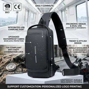 Waterproof Anti-Theft Nylon Men’s Chest Bags with USB Multi-function Travel Messenger Cross Body Sling Chest Bag for Men