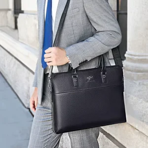 Waterproof Black Luxury Retro Men’s Genuine Leather Briefcase Business Office 14 Inch Laptop Shoulder Crossbody Tote Bag