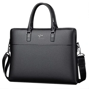 Waterproof Black Men’s Leather Briefcase Business Office Conference 14 Inch Laptop Shoulder Crossbody Tote Bag Handbag