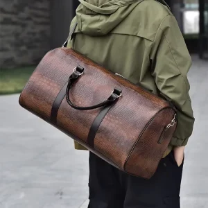 Waterproof Large Capacity Men’s Travel Luggage Bag Crocodile PU Leather Zipper Closure for Storage