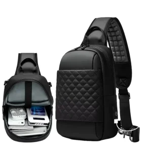 Waterproof Lightweight Men’s Sling Bag Shoulder Strap 9.7-inch Tablet Compatibility USB Charging Port Black