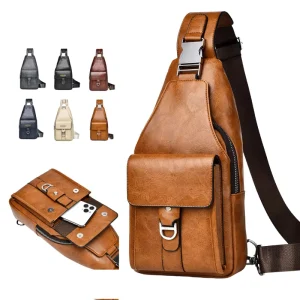 Waterproof Lightweight PU Leather Vintage Business Multi Pocket Chest Bag Adjustable Strap Work Office Sling Bag