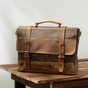 Waterproof Oil Waxed Canvas Cowhide Messenger Briefcase Mens Business Shoulder Crossbody Bag Handbag