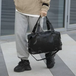 Waterproof PU Leather Handbags Shoulder Bag for Man Office Tote Large Capacity Weekend Bag Black Men Travel Duffle Bags