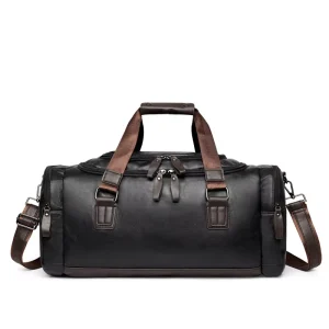 Waterproof PU Leather Large Capacity Men’s Duffel Bag with Two Side Pockets Decent Fashion Shoulder Cross Body Travel Bag