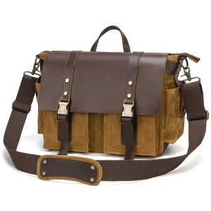 Waterproof Waxed Canvas Real Leather Messenger Bag Large Men’s Shoulder Satchel for Travel Business Office Work Briefcase